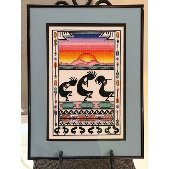 Framed Southwestern Kokopelli Cross-Stitch Art – Sunset Desert Scene (2005) - Picture 1 of 9